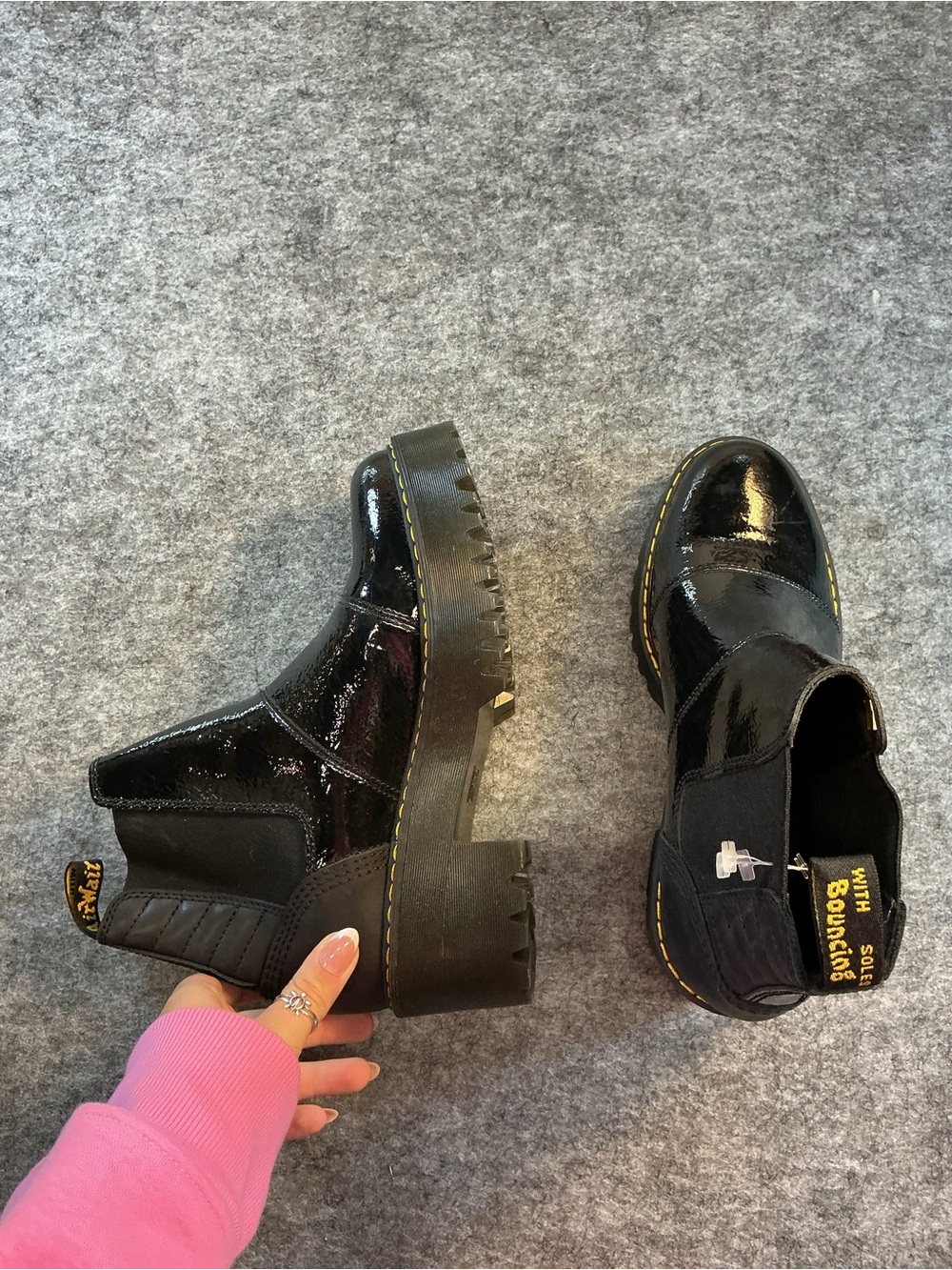 Dr. Martins Black Patent Leather Chelsea Boots with Yellow Stitching Size 9